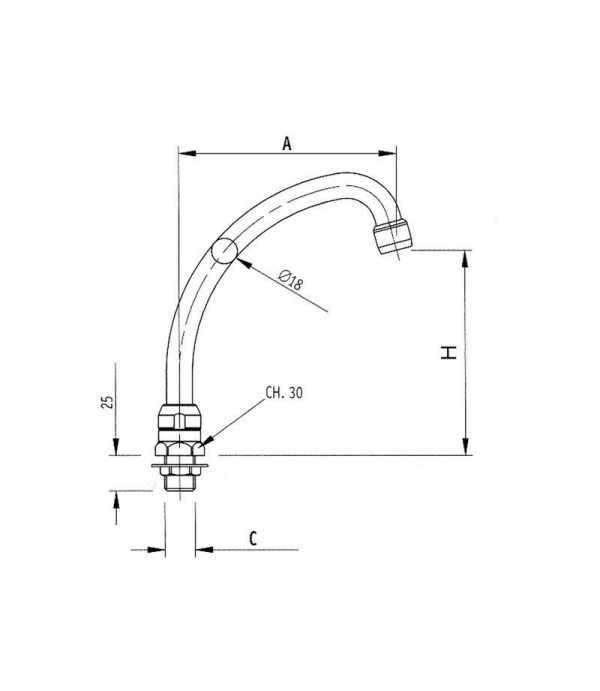 Inlet spout connection 1/2" ET tube ø 18mm spout projection 155mm overall height 150mm